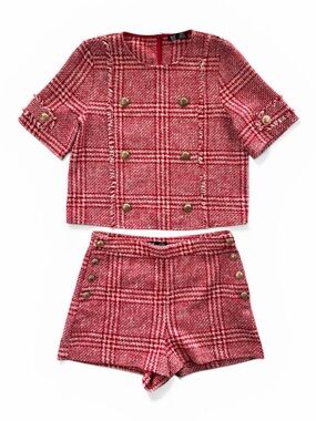 Zara Red Plaid Tweed Short Set with Gold Buttons